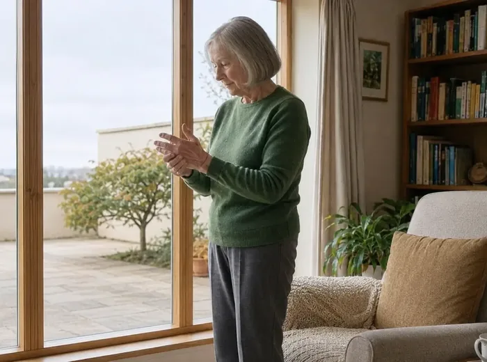 Older woman holding her wrist and hand during a moment of joint pain