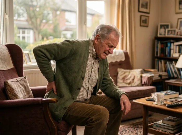 Older man sitting forward on a sofa with his hand pressed into his lower back