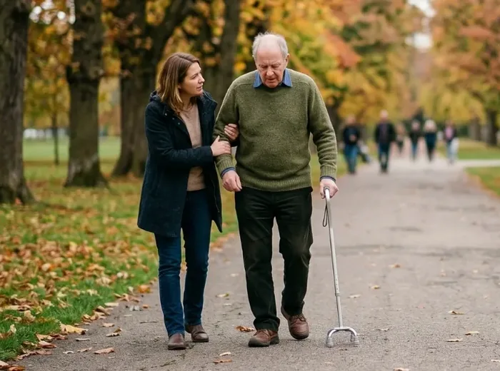 Older man walking outdoors with a cane while a woman steadies his arm