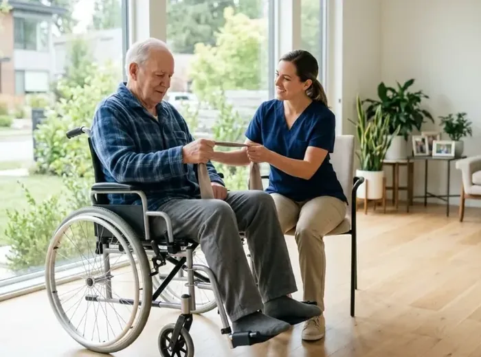 Therapist working on arm movement with an older man seated in a wheelchair at home