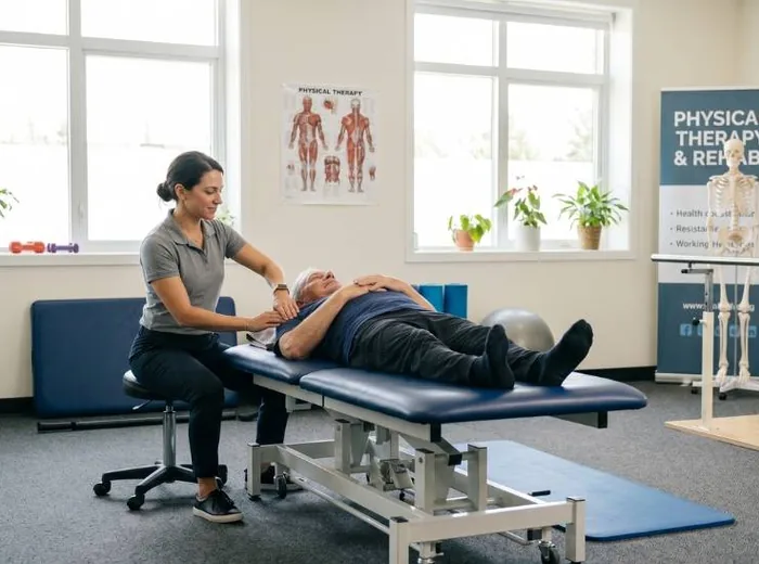 Therapist performing hands-on manual therapy on a patient's neck and shoulder